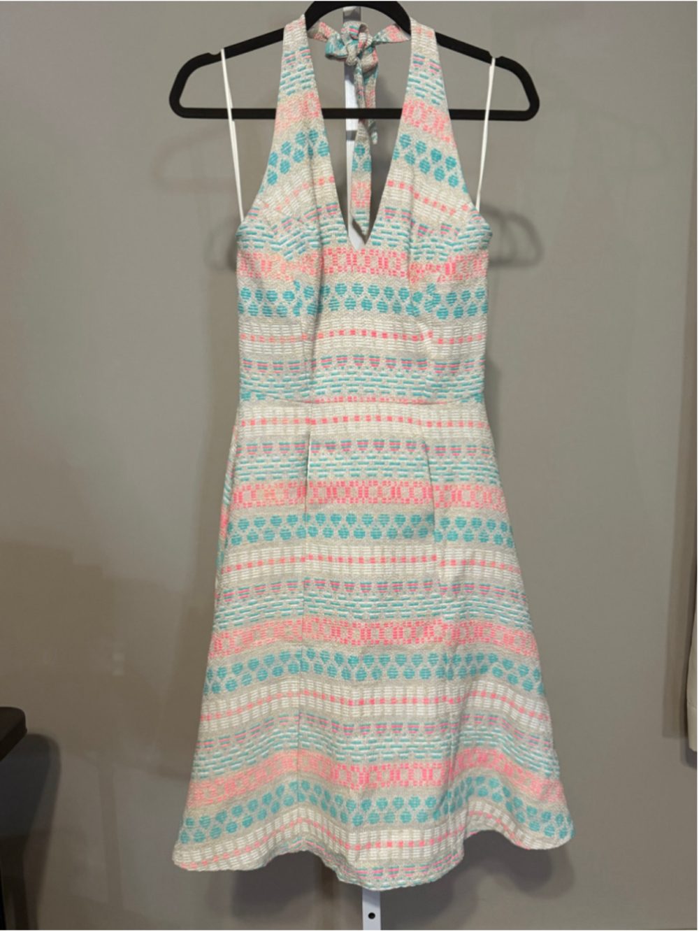 Women's Eva Franco Halter Dress Size S Beige Pink Teal Patterned